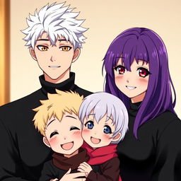 A charming family photo in anime style, featuring a man with striking white hair and captivating golden eyes, dressed entirely in black