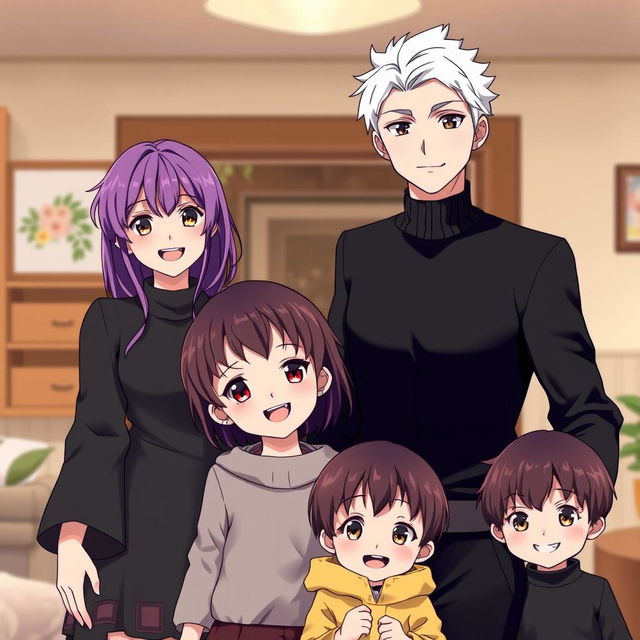 A charming family photo in anime style, featuring a man with striking white hair and captivating golden eyes, dressed entirely in black