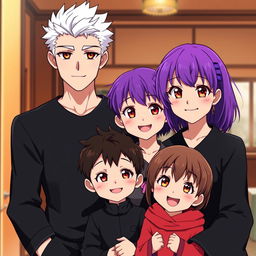 A charming family photo in anime style, featuring a man with striking white hair and captivating golden eyes, dressed entirely in black