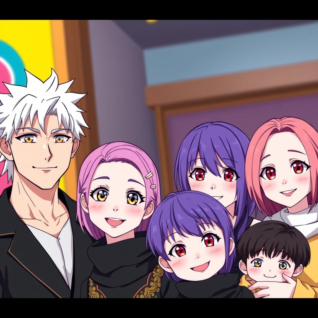 A family portrait in anime style featuring a striking man with white hair and golden eyes, dressed in black, standing next to his wife who has vibrant purple hair and crimson eyes