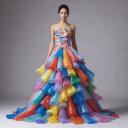 An animated, easy-to-construct gown made entirely from recycled plastic. The design should be simple, but highly stylish, showcasing inventive methods of reusing plastic in a playful and whimsical fashion context.