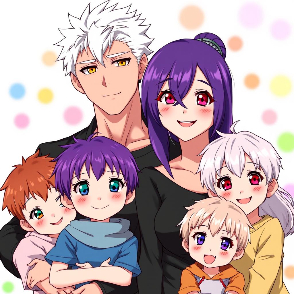 A family portrait in anime style featuring a striking man with white hair and golden eyes, dressed in black, standing next to his wife who has vibrant purple hair and crimson eyes