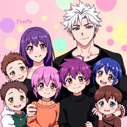 A family portrait in anime style featuring a striking man with white hair and golden eyes, dressed in black, standing next to his wife who has vibrant purple hair and crimson eyes