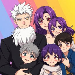 A family portrait in anime style featuring a striking man with white hair and golden eyes, dressed in black, standing next to his wife who has vibrant purple hair and crimson eyes