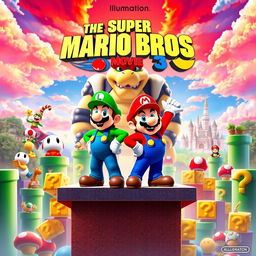 Epic movie poster for "The Super Mario Bros Movie 35" by Illumination, featuring Mario and Luigi in their iconic colorful suits, standing heroically on a platform