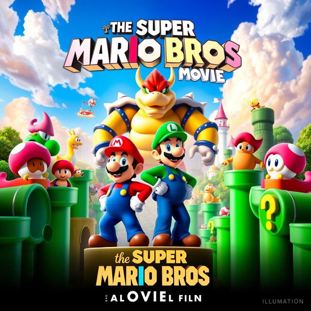 Epic movie poster for "The Super Mario Bros Movie 35" by Illumination, featuring Mario and Luigi in their iconic colorful suits, standing heroically on a platform