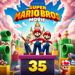 Epic movie poster for "The Super Mario Bros Movie 35" by Illumination, featuring Mario and Luigi in their iconic colorful suits, standing heroically on a platform