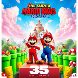 Epic movie poster for "The Super Mario Bros Movie 35" by Illumination, featuring Mario and Luigi in their iconic colorful suits, standing heroically on a platform