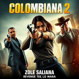 A cinematic and realistic movie poster for "Colombiana 2" featuring Zoe Saldana in a powerful and intense action scene