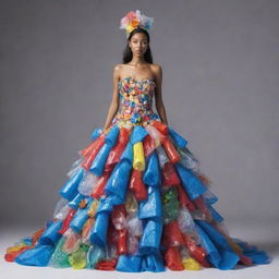 An animated, easy-to-construct gown made entirely from recycled plastic. The design should be simple, but highly stylish, showcasing inventive methods of reusing plastic in a playful and whimsical fashion context.