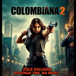 A cinematic and realistic movie poster for "Colombiana 2" featuring Zoe Saldana in a powerful and intense action scene