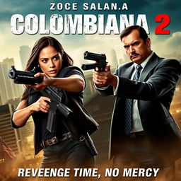 A cinematic and realistic movie poster for "Colombiana 2" featuring Zoe Saldana in a powerful and intense action scene