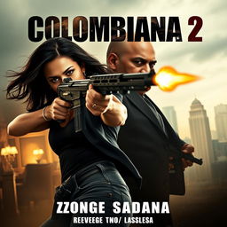 A cinematic and realistic movie poster for "Colombiana 2" featuring Zoe Saldana in a powerful and intense action scene