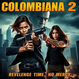 A cinematic and realistic movie poster for "Colombiana 2" featuring Zoe Saldana in a powerful and intense action scene