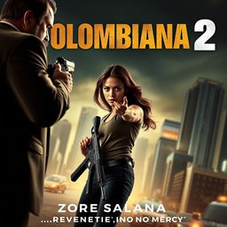 A cinematic and realistic movie poster for "Colombiana 2" featuring Zoe Saldana in a powerful and intense action scene