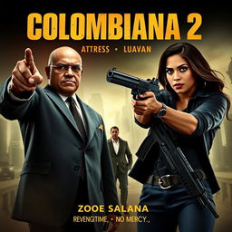 A cinematic and realistic movie poster for "Colombiana 2" featuring Zoe Saldana in a powerful and intense action scene