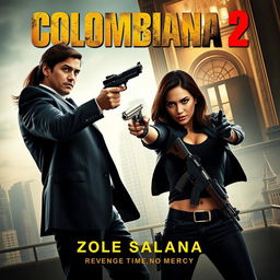 A cinematic and realistic movie poster for "Colombiana 2" featuring Zoe Saldana in a powerful and intense action scene