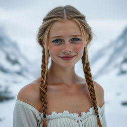 a shy Swedish young woman with tiny breasts, standing in icy mountains