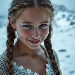 a shy Swedish young woman with tiny breasts, standing in icy mountains