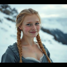 a shy Swedish young woman with tiny breasts, standing in icy mountains