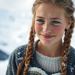 a shy Swedish young woman with tiny breasts, standing in icy mountains