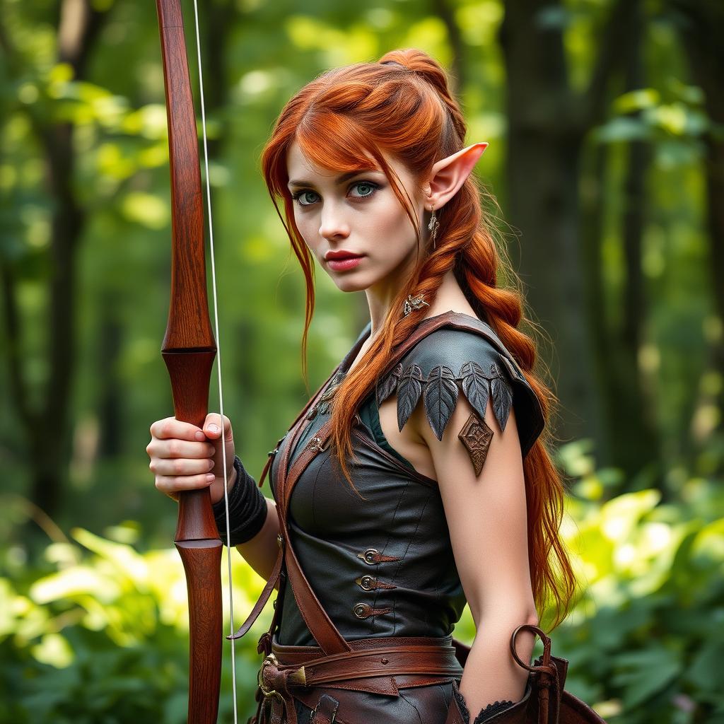 Auburn haired female wood elf ranger standing gracefully in a lush forest