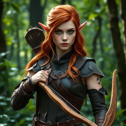 Auburn haired female wood elf ranger standing gracefully in a lush forest