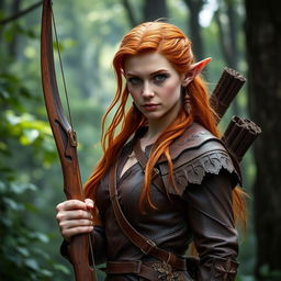 Auburn haired female wood elf ranger standing gracefully in a lush forest