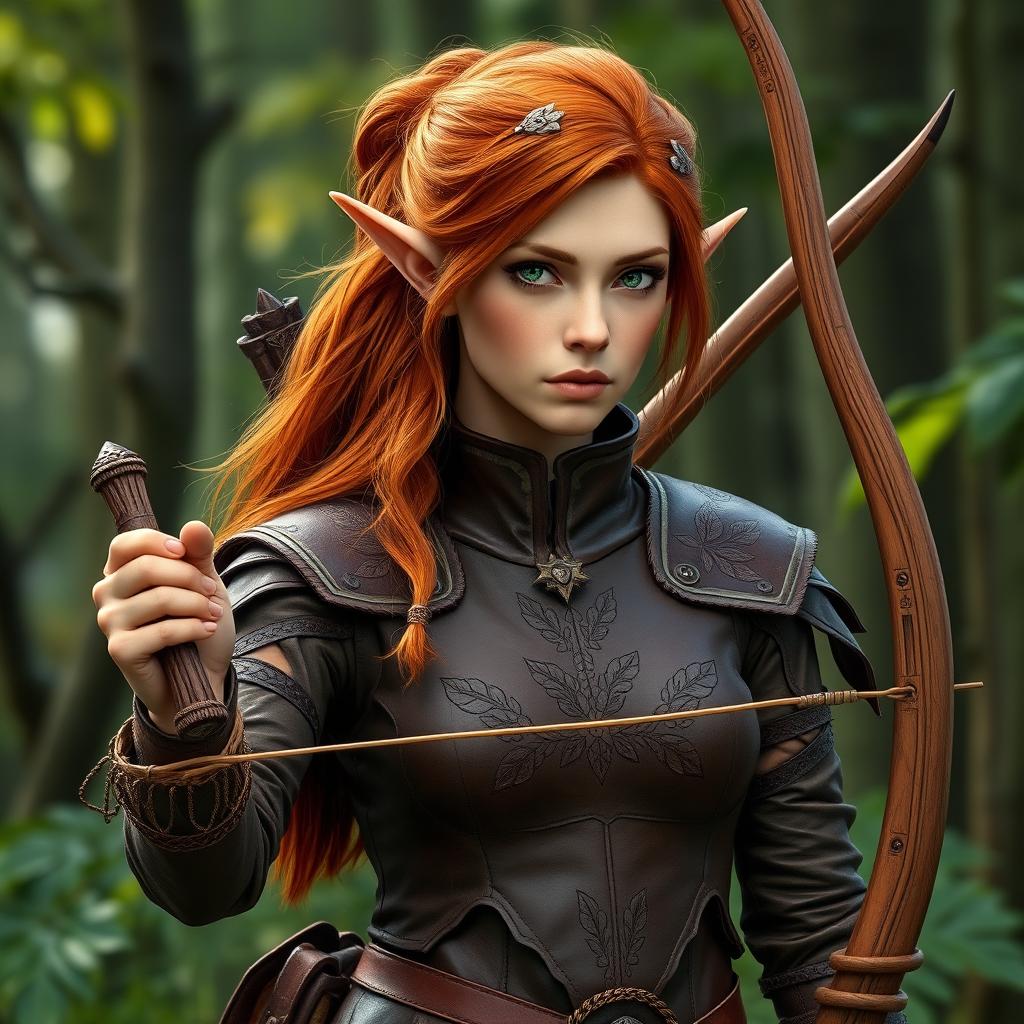 Auburn haired female wood elf ranger standing gracefully in a lush forest