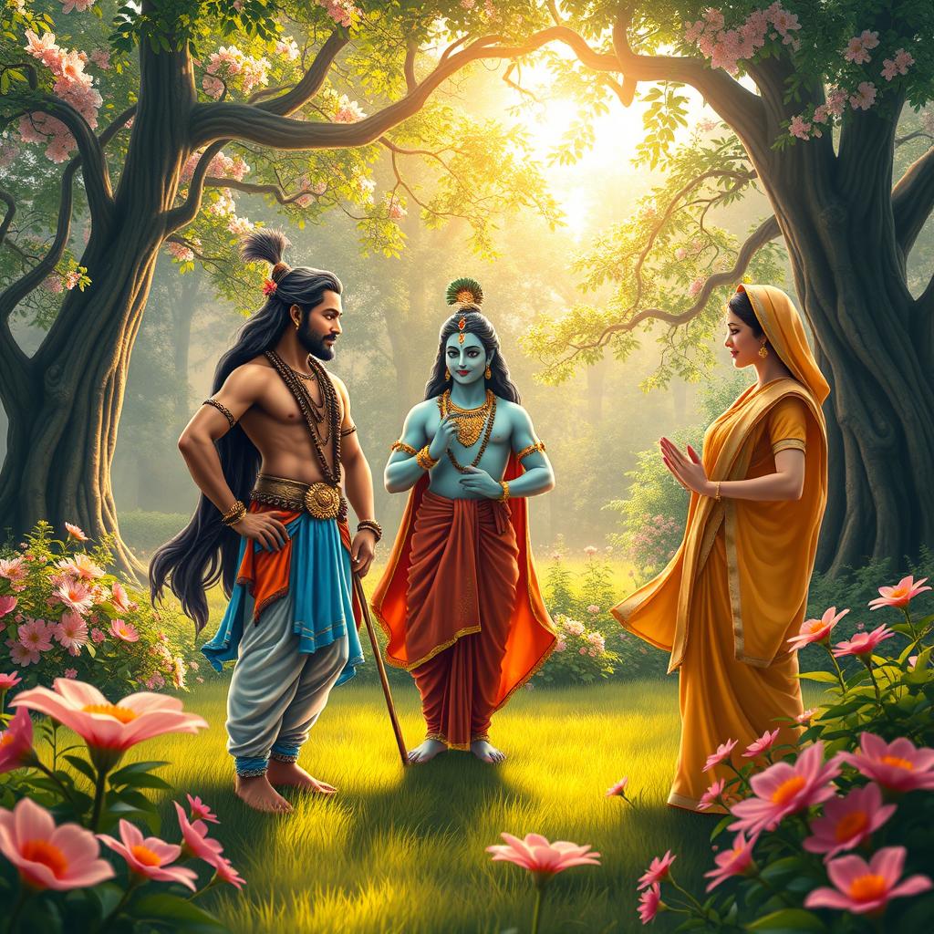 A beautifully composed scene depicting the meeting of Arjuna with Krishna, Baladewa, and Subhadra in a lush, serene garden