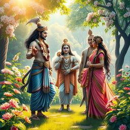 A beautifully composed scene depicting the meeting of Arjuna with Krishna, Baladewa, and Subhadra in a lush, serene garden