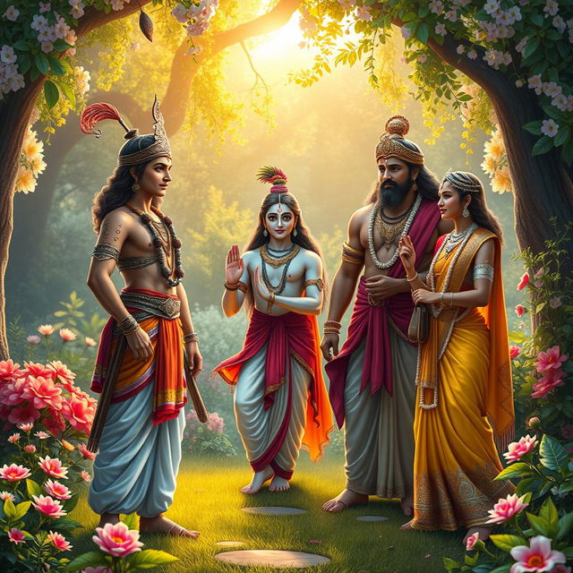 A beautifully composed scene depicting the meeting of Arjuna with Krishna, Baladewa, and Subhadra in a lush, serene garden