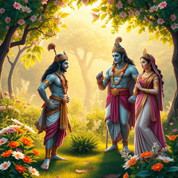 A beautifully composed scene depicting the meeting of Arjuna with Krishna, Baladewa, and Subhadra in a lush, serene garden