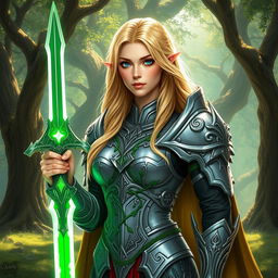 Blonde female high elf paladin of the Oath of the Ancients, standing proudly in an enchanting glade filled with ancient trees and shimmering light