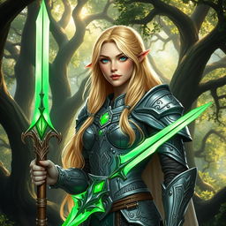 Blonde female high elf paladin of the Oath of the Ancients, standing proudly in an enchanting glade filled with ancient trees and shimmering light