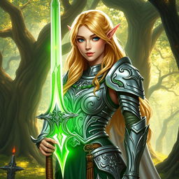 Blonde female high elf paladin of the Oath of the Ancients, standing proudly in an enchanting glade filled with ancient trees and shimmering light