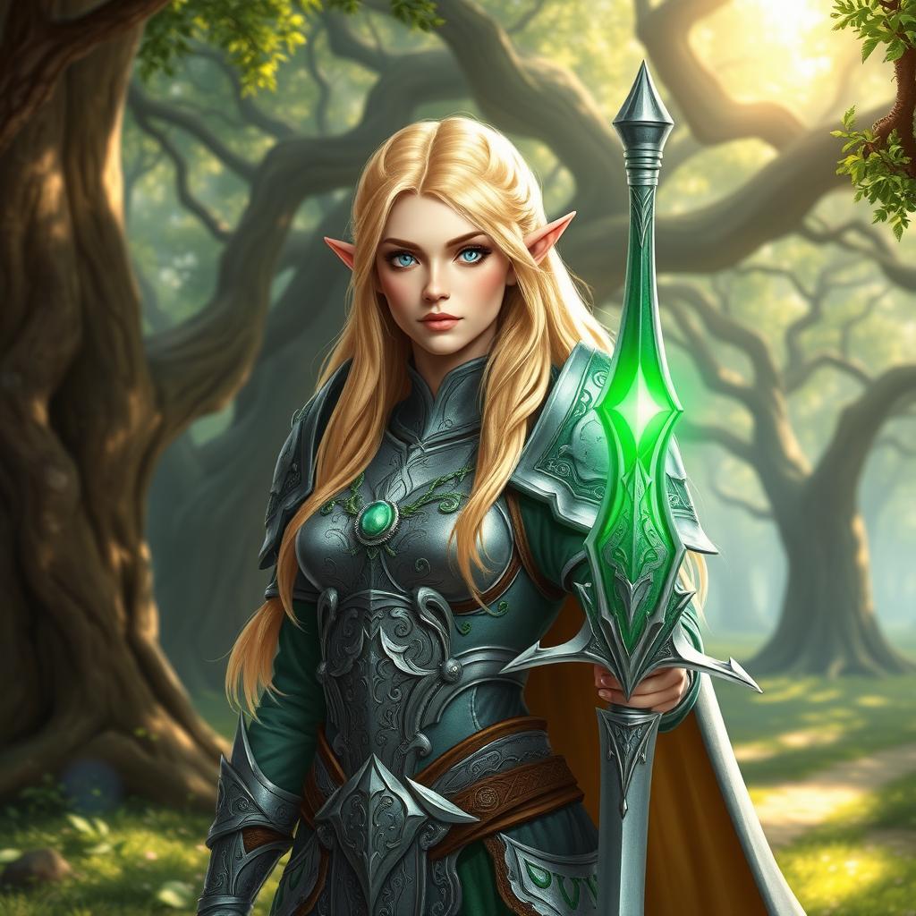 Blonde female high elf paladin of the Oath of the Ancients, standing proudly in an enchanting glade filled with ancient trees and shimmering light