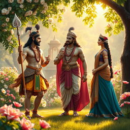 A beautifully composed scene depicting the meeting of Arjuna with Krishna, Baladewa, and Subhadra in a lush, serene garden