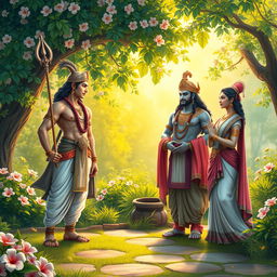 A beautifully composed scene depicting the meeting of Arjuna with Krishna, Baladewa, and Subhadra in a lush, serene garden