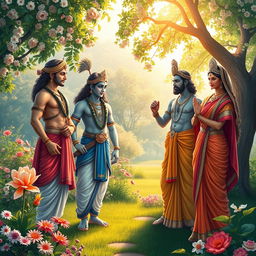 A beautifully composed scene depicting the meeting of Arjuna with Krishna, Baladewa, and Subhadra in a lush, serene garden