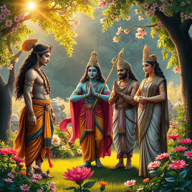 A beautifully composed scene depicting the meeting of Arjuna with Krishna, Baladewa, and Subhadra in a lush, serene garden