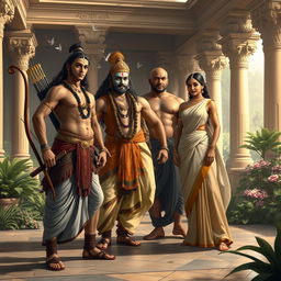 A semi-realistic depiction of the legendary meeting between Arjuna, Krishna, Baladewa, and Subadra