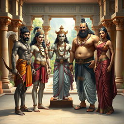 A semi-realistic depiction of the legendary meeting between Arjuna, Krishna, Baladewa, and Subadra