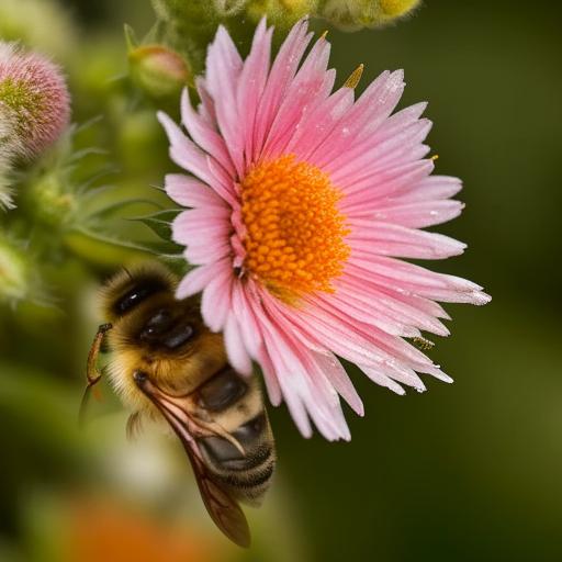 Detailed illustration of pollination featuring vibrant flowers, busy bees collecting pollen, and a soft breeze dispersing pollen in the air.