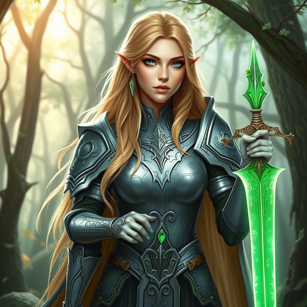 Blonde female high elf paladin of the Oath of the Ancients, standing elegantly within a mystical woodland clearing