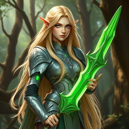 Blonde female high elf paladin of the Oath of the Ancients, standing elegantly within a mystical woodland clearing