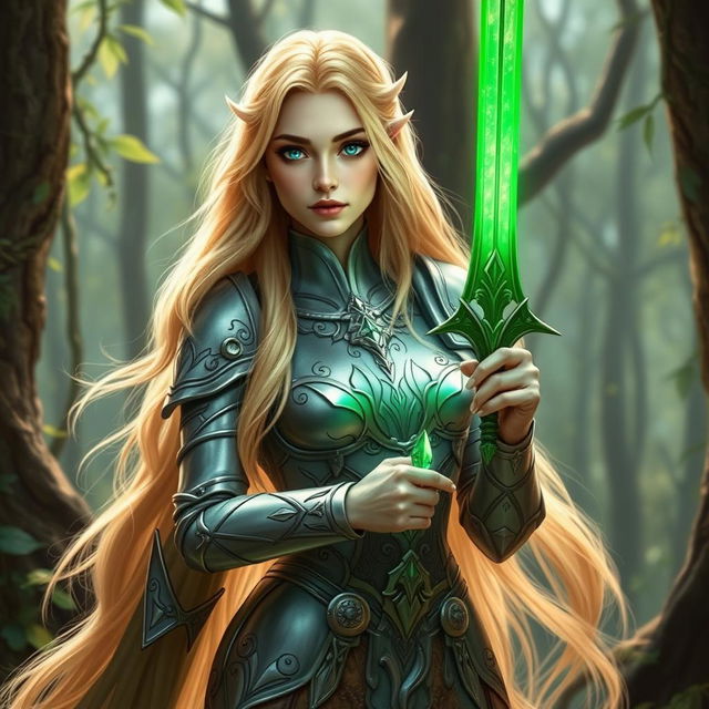 Blonde female high elf paladin of the Oath of the Ancients, standing elegantly within a mystical woodland clearing