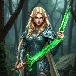 Blonde female high elf paladin of the Oath of the Ancients, standing elegantly within a mystical woodland clearing