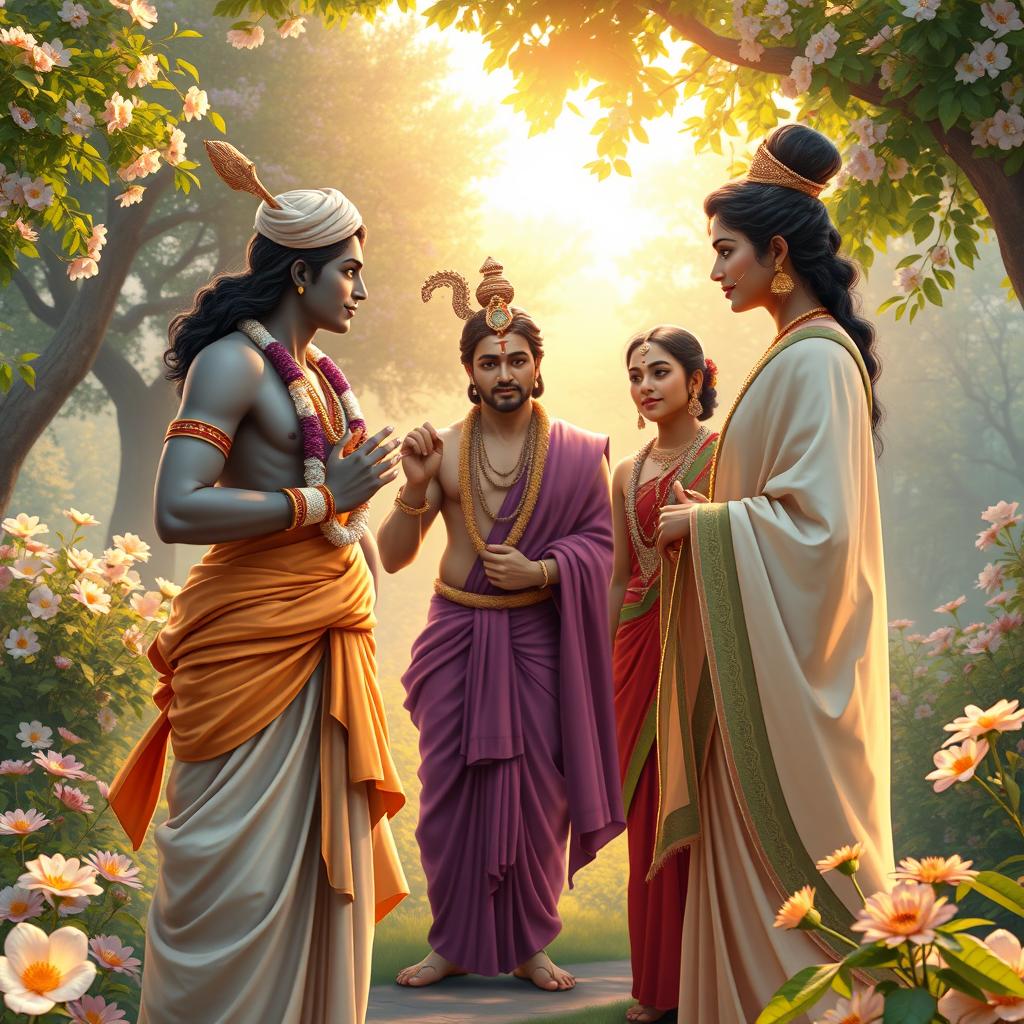 A beautifully composed scene depicting Arjuna, dressed as a Brahmin, meeting Krishna, Baladewa, and Subhadra in a lush, serene garden