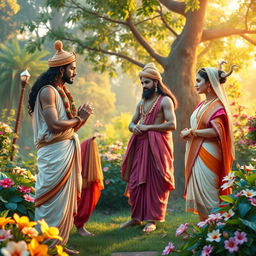 A beautifully composed scene depicting Arjuna, dressed as a Brahmin, meeting Krishna, Baladewa, and Subhadra in a lush, serene garden